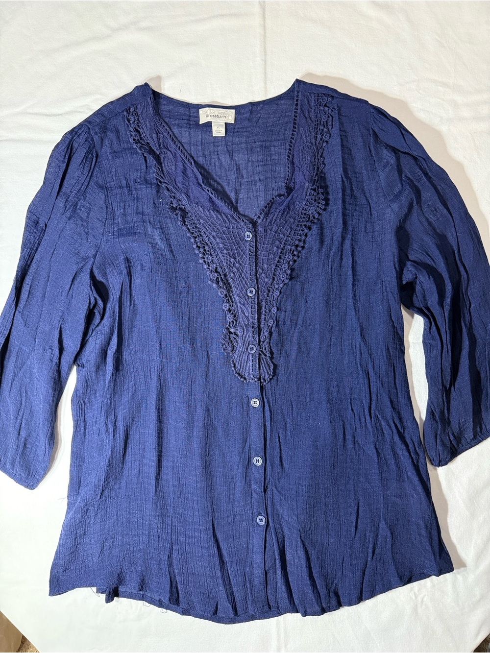 Dress Barn Navy Button-Down Crochet Trim Top